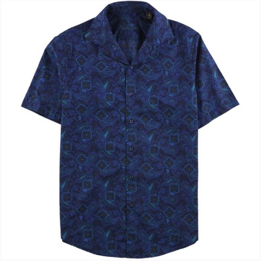 Tasso Elba Mens Medallion Button Up Shirt, Blue